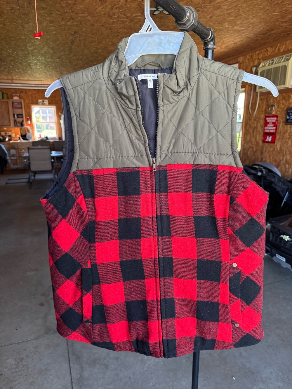 Maurices Olive Quilted Yoke Red and Black Buffalo Plaid Vest